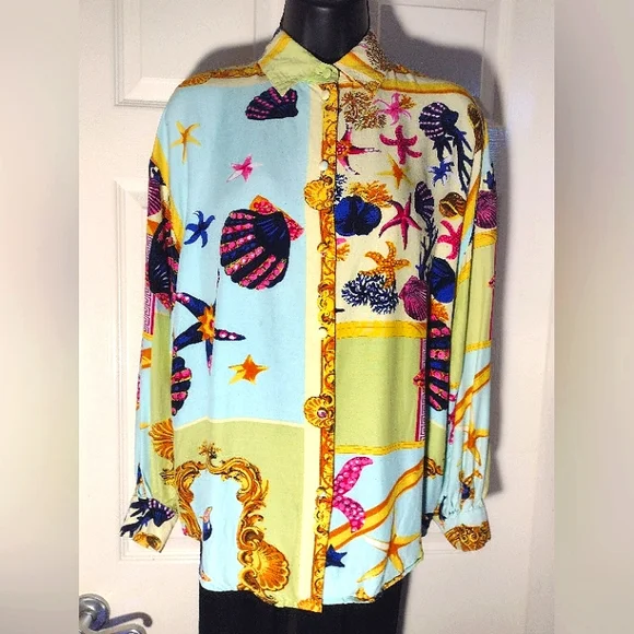 Seashell + Ocean Motif Baroque Print Vintage Blouse - Picture 1 of 7
